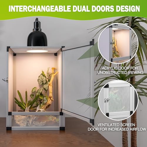 Hybrid Cage PVC Habitat Enclosure with Screen & Acrylic Doors,Toxirium 12"x12"x18" Reptile Terrarium Ventilated Tank for Gecko,Chameleon, Snake, Frog, Easy Assembly, Front Dual Access