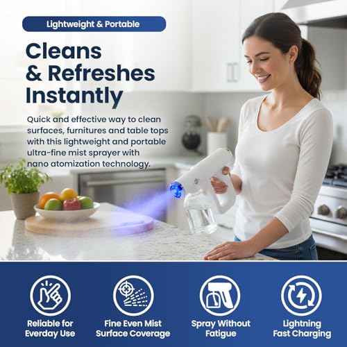 Professional Disinfectant Nano Spray Gun, Ultra Fine Atomizer Sprayer,White | Continuous Spray Bottle with Blue Light, Easy to Use Lightweight and Rechargeable Sanitizer Gun, Multipurpose Fogger Machine - color: White