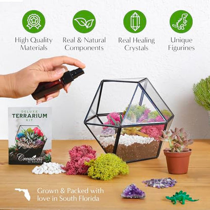 Creations by Nathalie DIY Terrarium Starter Kit - Small Terrarium Kit with Moss, Soil, Pebbles, Tools, Crystals & Figurines - Fun Gardening Craft Supplies for Adults & Teens - Handcrafted in USA