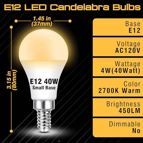 E12 Candelabra LED Light Bulbs 40Watt Equivalent 2700K Warm White, 4W 450LM C7, E12 Small Screw Base Globe Shape Bulbs for Night Light Chandelier Pendant Ceiling Fan Lighting, Non-Dimmable, 4 Pack - color: 2700k Warm White, size: 40 Watts