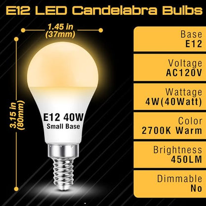 E12 Candelabra LED Light Bulbs 40Watt Equivalent 2700K Warm White, 4W 450LM C7, E12 Small Screw Base Globe Shape Bulbs for Night Light Chandelier Pendant Ceiling Fan Lighting, Non-Dimmable, 4 Pack - color: 2700k Warm White, size: 40 Watts