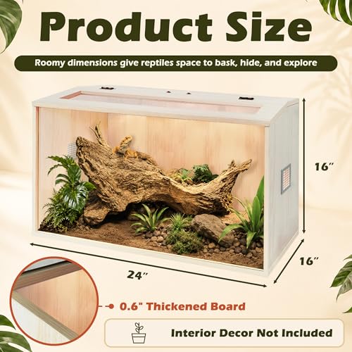 PROLEE Bearded Dragon Tank,Wooden Reptile Tank and Lizard Tank,Tempered Glass Large Bearded Dragon Enclosure with Built-in Lamp Fixture (24X16X16inch,24 Gallons) - color: Wooden Roof, size: 24X16X16inch,24 Gallons