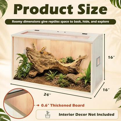 PROLEE Bearded Dragon Tank,Wooden Reptile Tank and Lizard Tank,Tempered Glass Large Bearded Dragon Enclosure with Built-in Lamp Fixture (24X16X16inch,24 Gallons) - color: Wooden Roof, size: 24X16X16inch,24 Gallons