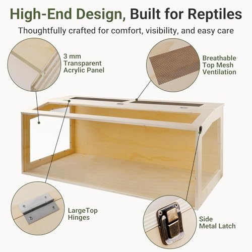 80 Gallon Bearded Dragon Tank with Locking Doors 48x20x20 Inch Reptile Enclosure Anti-Scratch Acrylic Front Metal Mesh Top Oak Wood Terrarium for Bearded Dragons Snakes Iguanas Chameleons