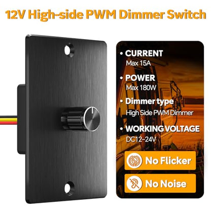 12 Volt PWM LED Dimmer Switch 15A 180W, Push On/Off, Rotary Knob Dimming,12V/24V Light Dimmer for RV Boat Truck Camper Van Trailer Light Fixture, LED Strip Lights (High Side, Black Panel) - color: High Side, Black Panel