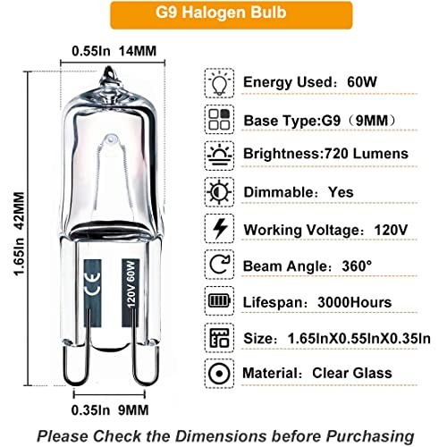 Vinaco G9 Bulb, 10 Pack G9 Halogen Bulb 60 Watt, High Output 720LM JD G9 120V 60W G9 Light Bulb Dimmable Long Lasting Lifespan, CRI100 & 2800K Warm White, G9/bi-pin Light Bulbs for Chandelier Lights - style: 60W- 10 Pack