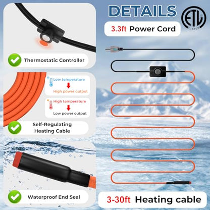 25FT Heat Tape for Water Pipes Freeze Protection IP65 Waterproof 8W/FT 110V BDDFOTO Water Pipe Heat Cable With Thermostat Self-Regulating Pipe Heater for House Garden/RV Camper - style: 25 FT