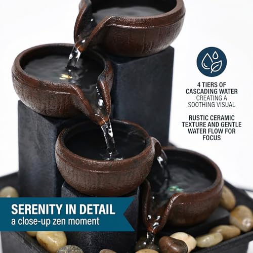 Water Fountains Indoor-Tabletop Water Fountain-Waterfall-Desktop Fountain with Natural River Rocks, Calming Waterfall Sounds for Feng Shui Meditation-Cascading LED Color Lighting