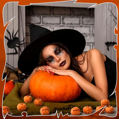 Arrowbash 100 Pcs Mini Halloween Pumpkin Skull Figurines Bulk Small Resin Skeleton Head Statues Decoration Miniature Realistic Fake Skeleton Figure for Halloween Party Favor Home Table Decor (Pumpkin) - style: Pumpkin