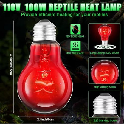 Sxminer 6pcs 100W Reptile Night Heat Lamp Bulbs - Infrared Ceramic Heat Emitter for Terrarium, No Light Disturbance A19 E26 Base 110V for Turtle, Lizard, Chickens Coop((Red)