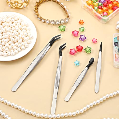 Zelphvt 4 PCS Tweezers with Rubber Tips Rubber Tipped Tweezers Set PVC Coated Long Bent & Flat &Straight Tip Tweezer for Crafting Stamps Beads Jewelry Tools