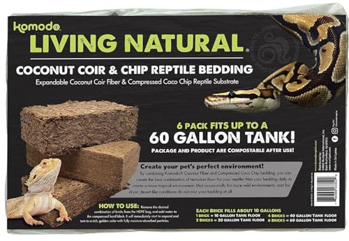 Komodo Reptile Coconut Coir Chip & Peat Bundle | 4 Bricks of Chips and 2 Bricks of Peat Reptile Terrarium Habitat Bedding | Fits up to a 60 Gallon Tank Total
