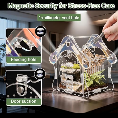 Jumping Spider Enclosure Kit, Acrylic Habitat with Magnetic Door, 3.5" L x 3.5" W x 4.9" H, for Jumping Spiders, Tarantulas, Mantis, Beetles