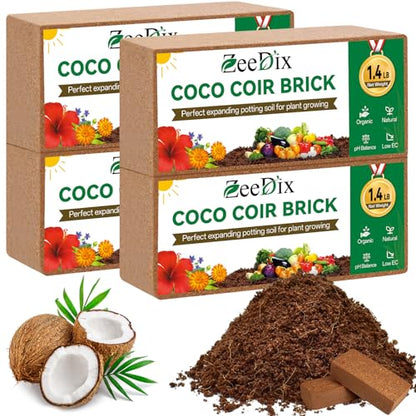ZeeDix 4 Pcs Premium Coco Coir Brick - 100% Organic Compressed Coconut Coir Starting Mix, Coco Fiber with Low EC and PH Balance for Gardening, Potting Soil, Herbs - size: 4pcs