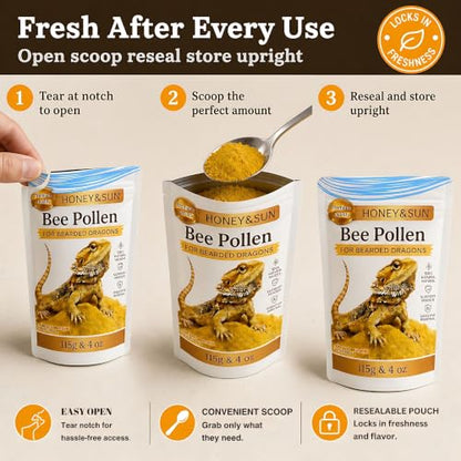 HONEY&SUN® (4oz) Organic Bee Pollen Powder – Bearded Dragon Food Topper & Reptile Vitamins, 100% Pure Natural Supplement for Healthy Skin & Color