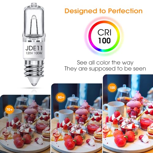 Flaspar JDE11 120V 100W, E11 Bulb, E11 Halogen Light Bulbs, T4 Mini Base Dimmable Candelabra Bulbs, 2800K Warm White Halogen Clear JDE11 Bulb for Ceiling Fan, Chandeliers, Cabinet Lighting, 2 Pack - size: 2 Pack E11 Bulb 100W