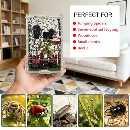 21-in-1 Jumping Spider Enclosure Kit, Acrylic Terrarium with Front Door & Magnetic Feeder, Complete Accessories Set for Jumping Spider, Tarantula, Praying Mantis, Reptile Habitat, 360° View