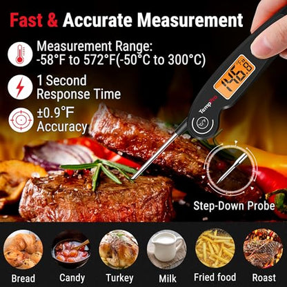TempPro TP605 Instant Read Meat Thermometer for Cooking, Waterproof Digital Food Thermometer with Large Backlit LCD, Kitchen Thermometer for Grilling, Smoking & Candy Making (Previously ThermoPro) - color: Black