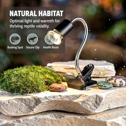 Black Reptile Heat Lamp, 13.8 in Flexible Gooseneck, Timed Dimming Switch, US Connector, Sturdy Plastic Clip, for Lizards, Tortoises, Other Terrarium Animals
