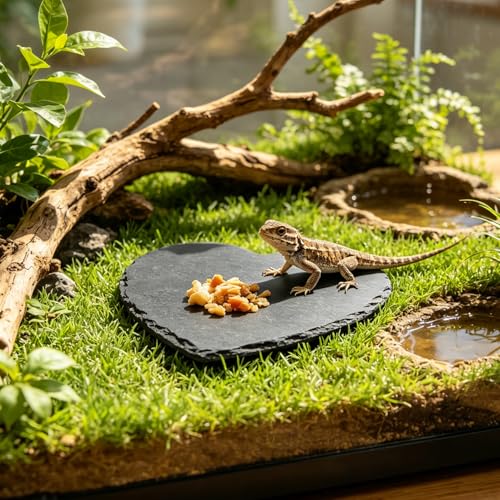 Tortoise Habitat Accessories, 8" x 7.8" Reptile Basking Platform Rock Plate, Heart Shape Natural Rock Reptile Food Dish, Habitat Decor for Turtle Bearded Creature Chameleon Frog Gecko Hermit Crab
