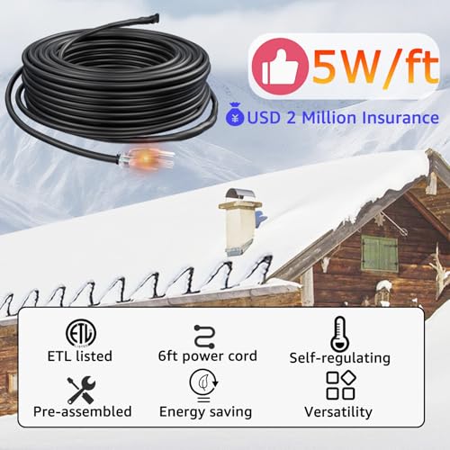 HEATIT JHSF1 125FT Self-Regulating Heating Cable, 120V 5W/ft | Pre-Assembled Heat Tape with Spacers and Clips for Roof De-Icing, Gutter Heating and Pipe Freeze Protection - color: 5W/FT (KIT), style: 125FT