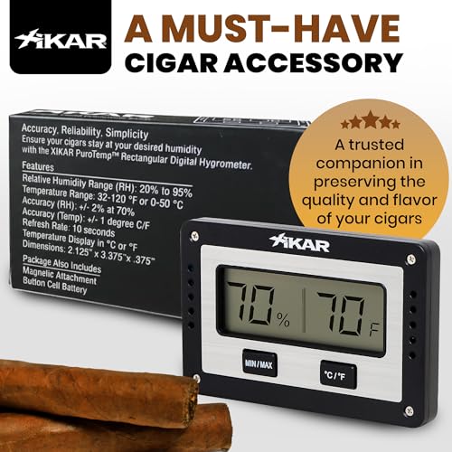 XIKAR PuroTemp Rectangular Digital Hygrometer – Digital Thermometer with Humidity Sensor – Temp and Humidity Monitor for Humidor, Easy to Calibrate, Fast Refresh Readings, Lightweight – Black