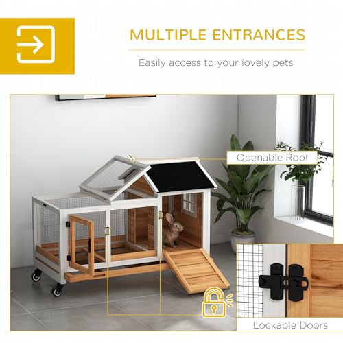 PawHut Wooden Rabbit Hutch with Wheels, Indoor Outdoor Large Bunny Hutch with Run & Slide-Out Tray for Small Animals, Rabbits, Chickens, Ducks, Guinea Pig, Yellow - color: Yellow
