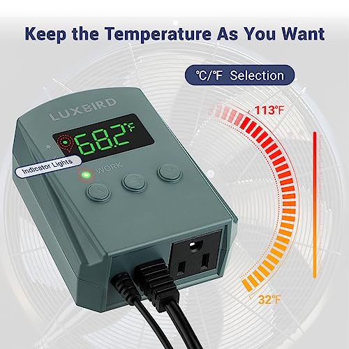 LUXBIRD Digital Heat Mat Thermostat Controller Heating Cooling 10A 1200W for Seedling, Reptiles and Brewing, Breeding, Incubation, Greenhouse, Fans, Cooling Device, 32~113℉ FCC-Certified
