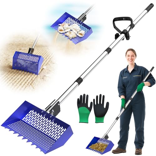 INNOLAND Chicken Poop Scooper & Rake with 3-Angle Adjustable Sifting Shovel, 12" Stainless Steel Chicken Coop Scoop for Sand, 22-64" No-Bend Poultry Litter Cleaner for Chicken Coop & Animals House