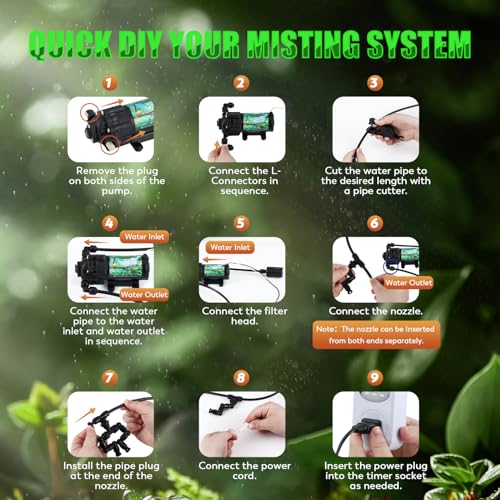 Moongiantgo Reptile Humidifier - Reptile Misting System with 4PCS 360°Adjustable Single Nozzles & 2PCS Double Nozzles and Timer Socket - Reptile Mister for Terrarium Lizard Chameleon Snake Frog Turtle