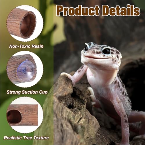 Plastic Hollow Hideout with 2Pcs Powerful Suction Cup, Reptile Hide, Reptile Tank Accessories for Bearded Dragons, Crested Geckos, Frogs, Hermit Crabs, Lizards & Snakes, Terrarium Decor
