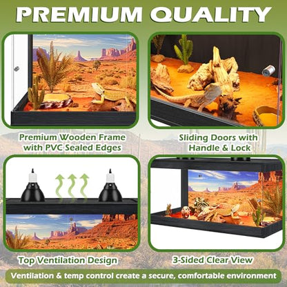 Royxen Bearded Dragon Tank, 64 Gallons Tempered Glass Reptile Terrarium with Metal Mesh Top, 3-Side Clear Anti-Scratch Glass Lizard Tank for Reptile Habitat (Black, 40" Length) - color: Black, size: 64Gal,40x20x20inch