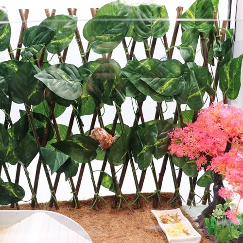Hermit Crab Climbing Toys, Expandable Retractable Faux Artificial Ivy Trellis Hedge Fence Aquarium Tank Decoration with 2 Suction Cups, Cage Habitat Accessories for Hermit Crab Reptile