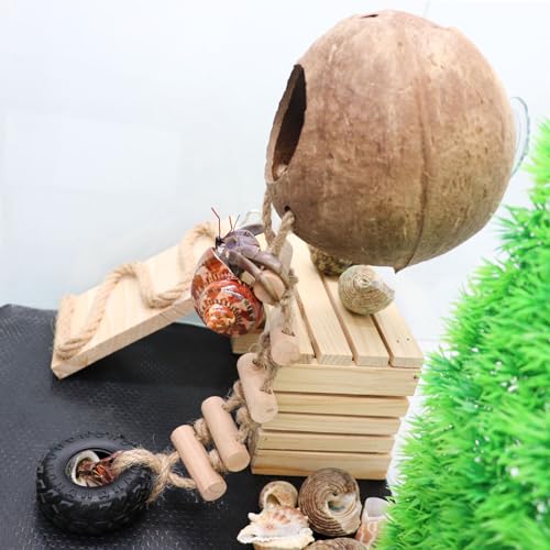Hermit Crab Climbing Toy, Natural Coconut Reptile Hideout with Ladder, Hanging Coconut Reptile House, Cage or Tank Cave Habitat Accessories, Suitable for Gecko Snake Lizard Chameleon Hermit Crab