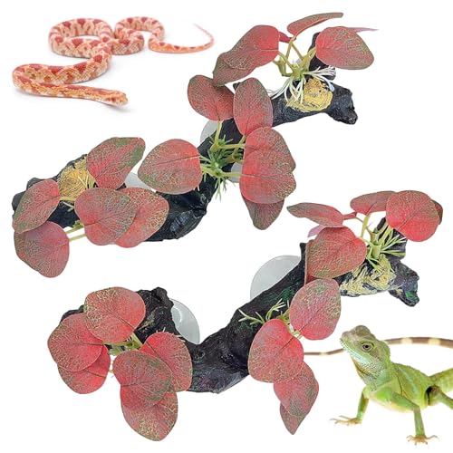 kathson 2 PCS Reptile Corner Branch Resin Snake Climbing Accessories with Leaves Terrarium Plant Decoration with Suction Cup for Frog Lizard Bearded Dragon Gecko Spider Climbing 7.8 x 3.1 x 1.4 inches - color: Red