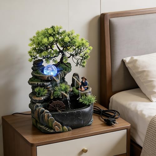 11.81in Rockery Tabletop Fountain Indoor Waterfall Fake Bonsai Desk Decor | Feature Mini Water Fountain Desktop Decor Humidifier with Pump and LED Light, Home Office Bedroom Relaxing (No Atomizer)
