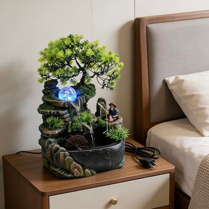 11.81in Rockery Tabletop Fountain Indoor Waterfall Fake Bonsai Desk Decor | Feature Mini Water Fountain Desktop Decor Humidifier with Pump and LED Light, Home Office Bedroom Relaxing (No Atomizer)