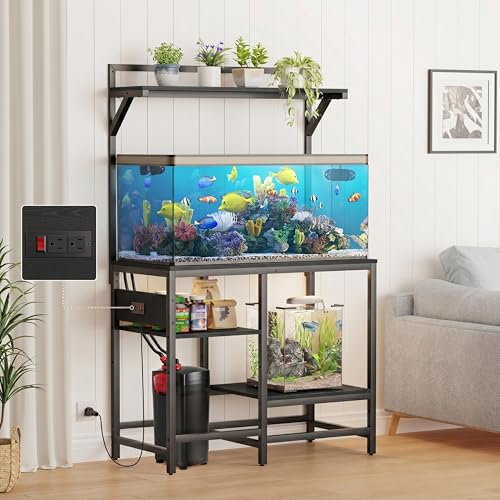 40 Gallon Fish Tank Stand, Aquarium Stand with Power Outlet, Heavy-Duty Reptile Terrarium Stand Table with Top Shelf for 40 Gal Standard/Long/High, 37.4" L x 19.7" W x 30" H(Black) - size: 40 Gallon