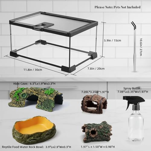 12"x8"x6" Mini Reptile Glass Terrarium Set (7 Pcs) Full View Hermit Crab Tank, Habitat Enclosure with Feeding Slot & Lock for Lizard, Bearded Dragon, Snake, Amphibians & Small Pets