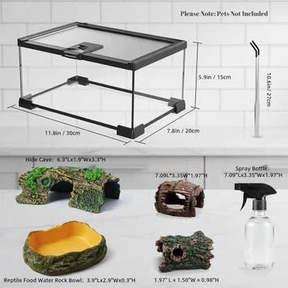 12"x8"x6" Mini Reptile Glass Terrarium Set (7 Pcs) Full View Hermit Crab Tank, Habitat Enclosure with Feeding Slot & Lock for Lizard, Bearded Dragon, Snake, Amphibians & Small Pets