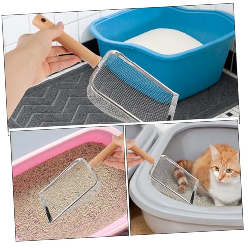 Wood Handle Stainless Steel Litter Scoop Reptile Litter Shovel with 2x2mm Mesh Sifter for Cat and Small Pet Waste Cleaning Sturdy Household for Terrarium and Hamster Bedding