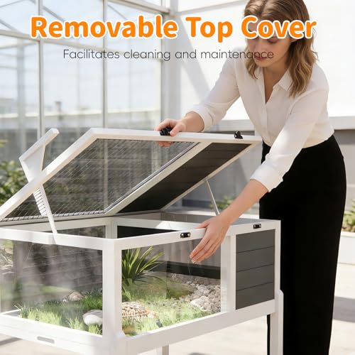 Reptile Habitat Tortoise House with Lamp Holder, Large Observation Window, 2 Waterproof Tray, Detachable Legs, Easy to Clean Wooden Enclosure for Turtles, Lizards, Geckos, and Small Pets Indoor Outdoo