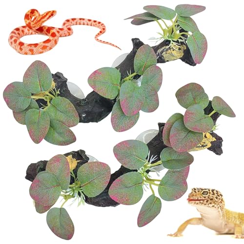 kathson 2 PCS Reptile Corner Branch Resin Snake Climbing Accessories with Leaves Terrarium Plant Decoration with Suction Cup for Lizard Frog Bearded Dragon Gecko Spider Climbing 7.8 x 3.1 x 1.4 inches - color: Red With Green
