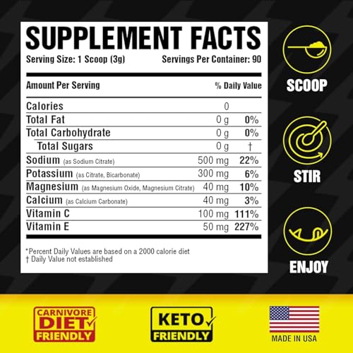 Carnivore Electrolytes Lemon Keto Electrolytes Powder, 90 Servings - Daily Electrolyte Hydration Powder, Sugar Free Electrolytes, Zero Calories - Good for Carnivore Diet, Preworkout, & Post Workout