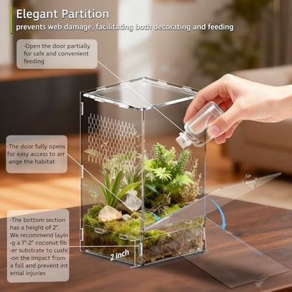 Jumping Spider Enclosure, Front-Opening Acrylic Spider Terrarium with Magnetic Door,Laser-Cut Biomimetic Ventilation System, Escape-Proof for Feeder Insects (6.5"x6.5"x12") - size: 6.5"x6.5"x12"