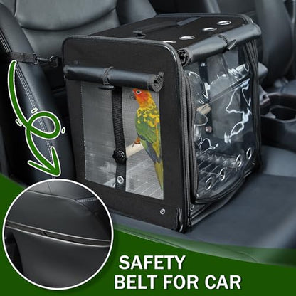 Bird Carrier with Seat Belt for Car Travel, Bird Backpack Carrier with Indestructible Stainless Steel Mesh, Large Bird Carrier Travel Cage, Black - color: Black, size: 13.5"L x 10.0"W x 15.5"H