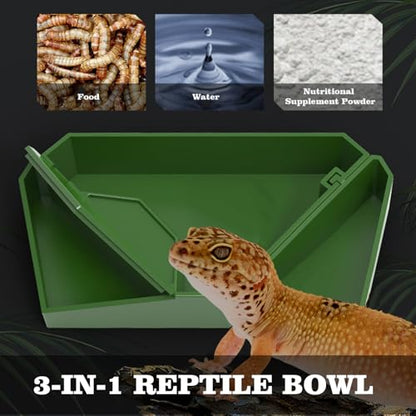 Bearded Dragon Tank Accessories, 3-in-1 Reptile Bowl with Dismountable Section for Food Water and Powder, Gecko Feeding Ledge, Reptile Tank Accessories for Bearded Dragon, Chameleon, Gecko, Frog