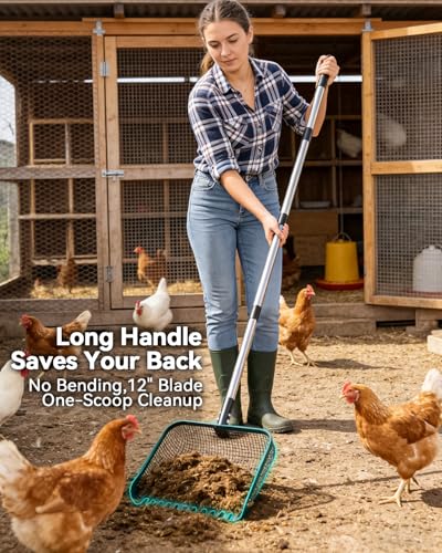 Stainless Steel Chicken Coop Scoop, 12-Inch Sifter Litter Scoop with Adjustable Handle, Heavy Duty Poop Scooper for Farm Animal Manure Cleaning, Backyard Poultry, Rabbit
