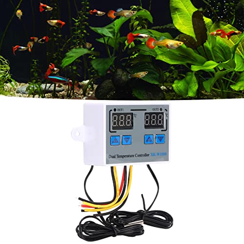 Dual Display Temperature Humidity Controller, Digital Thermostat Dual Temperature Controller 12V Direct Output Heating Cooling Thermostat Switch NTC 10K Sensor for Aquarium Tank Greenhouse