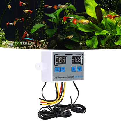 Dual Display Temperature Humidity Controller, Digital Thermostat Dual Temperature Controller 12V Direct Output Heating Cooling Thermostat Switch NTC 10K Sensor for Aquarium Tank Greenhouse